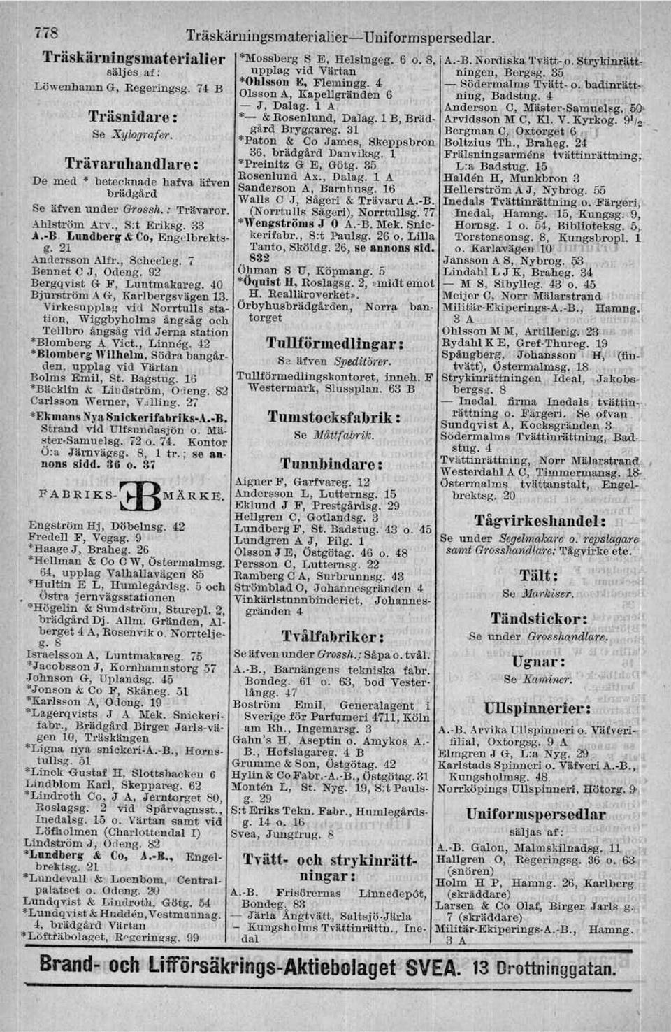 Trävaruhandlare: De med " betecknade hafva äfven brädgård Se äfven under Grossh. : Trävaror. Ahlström Arv., Sot Eriksg, 33 A.-B. Lundber, &; CD,Engelbrekts g. 21 ' Andersson Alfr., Scheeleg.