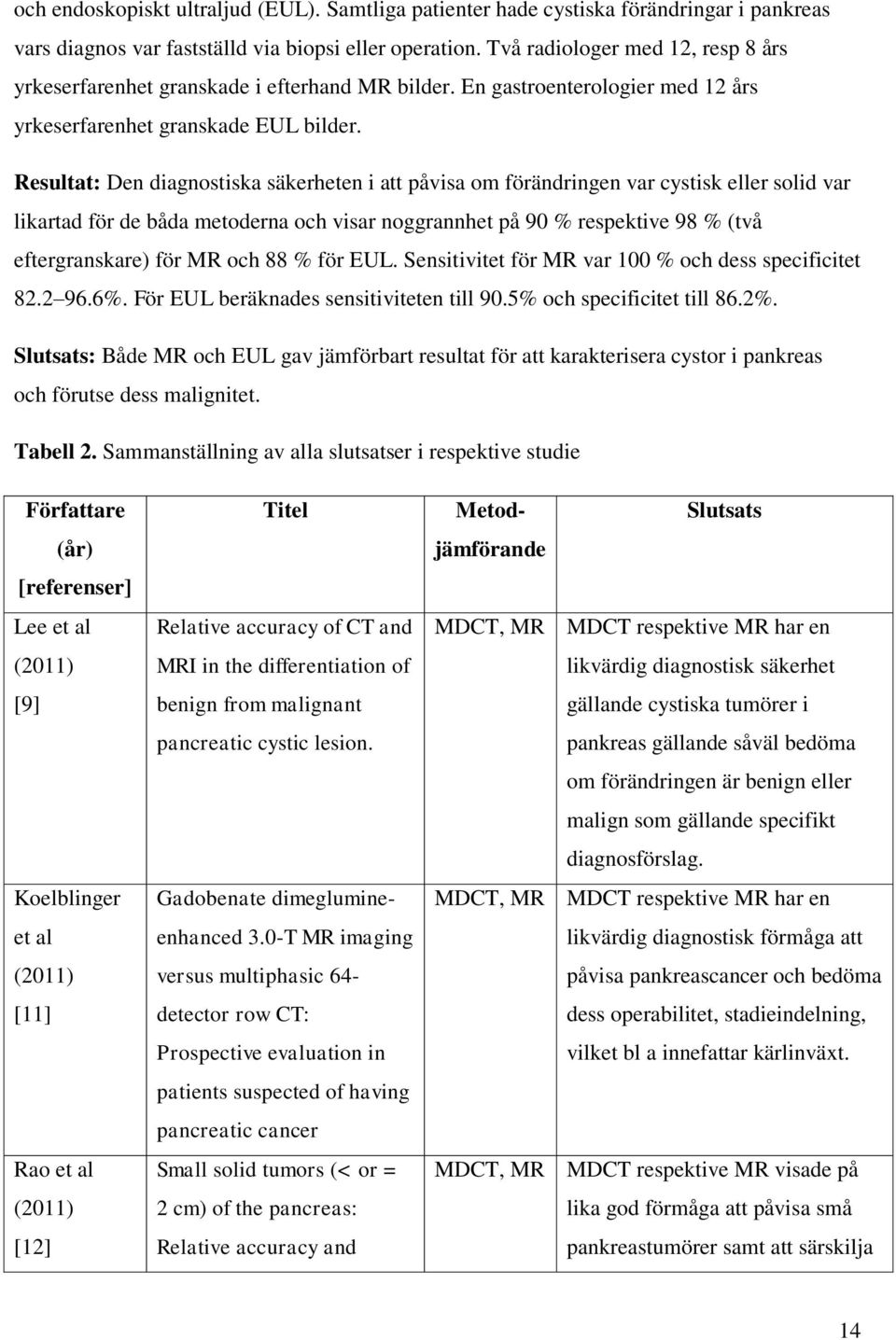 Resultat: Den diagnostiska säkerheten i att påvisa om förändringen var cystisk eller solid var likartad för de båda metoderna och visar noggrannhet på 90 % respektive 98 % (två eftergranskare) för MR