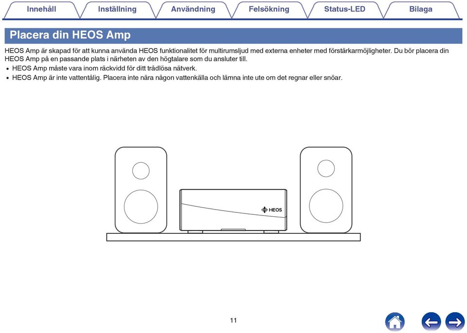 på en passande plats i närheten av den högtalare som du ansluter till 0 HEOS Amp måste vara inom räckvidd för ditt