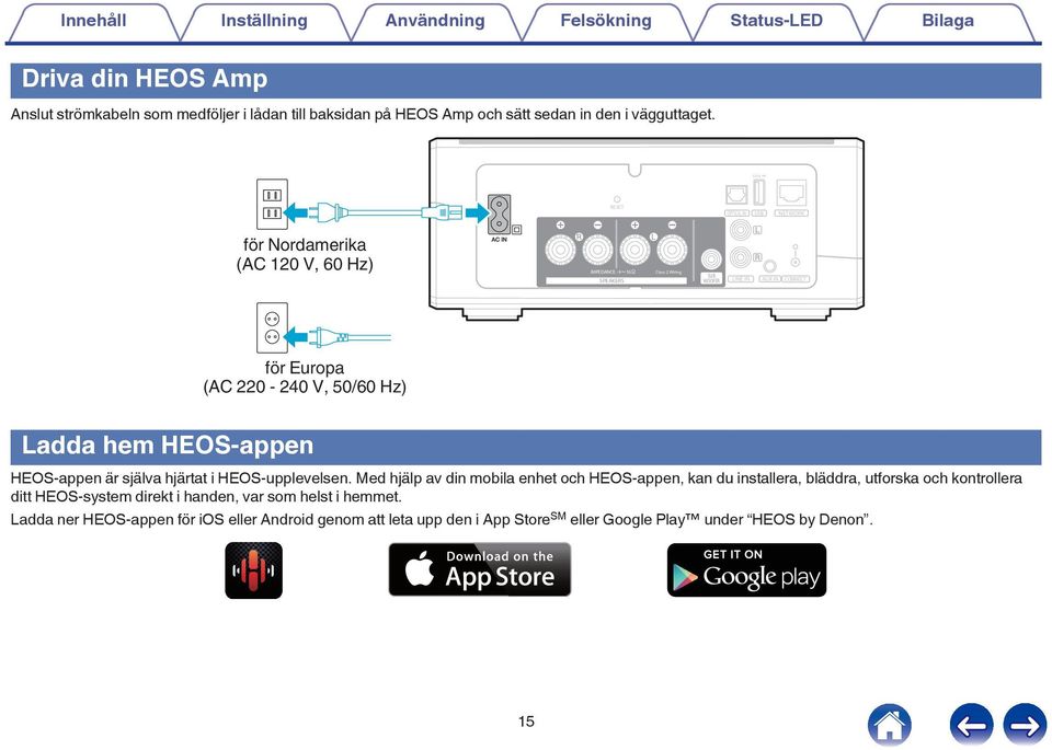 V, 50/60 Hz) Ladda hem HEOS-appen HEOS-appen är själva hjärtat i HEOS-upplevelsen Med hjälp av din mobila enhet och HEOS-appen, kan du installera, bläddra, utforska och