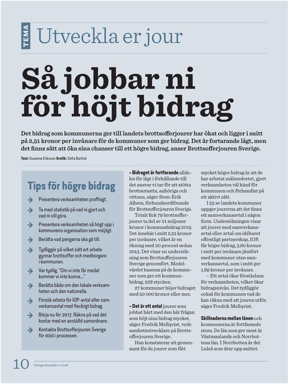 Text: Susanne Eriksson Grafik: Sofia Barlind 10 Tidningen Tips för högre bidrag Presentera verksamheten proffsigt. Ta med statistik på vad ni gjort och vad ni vill göra.