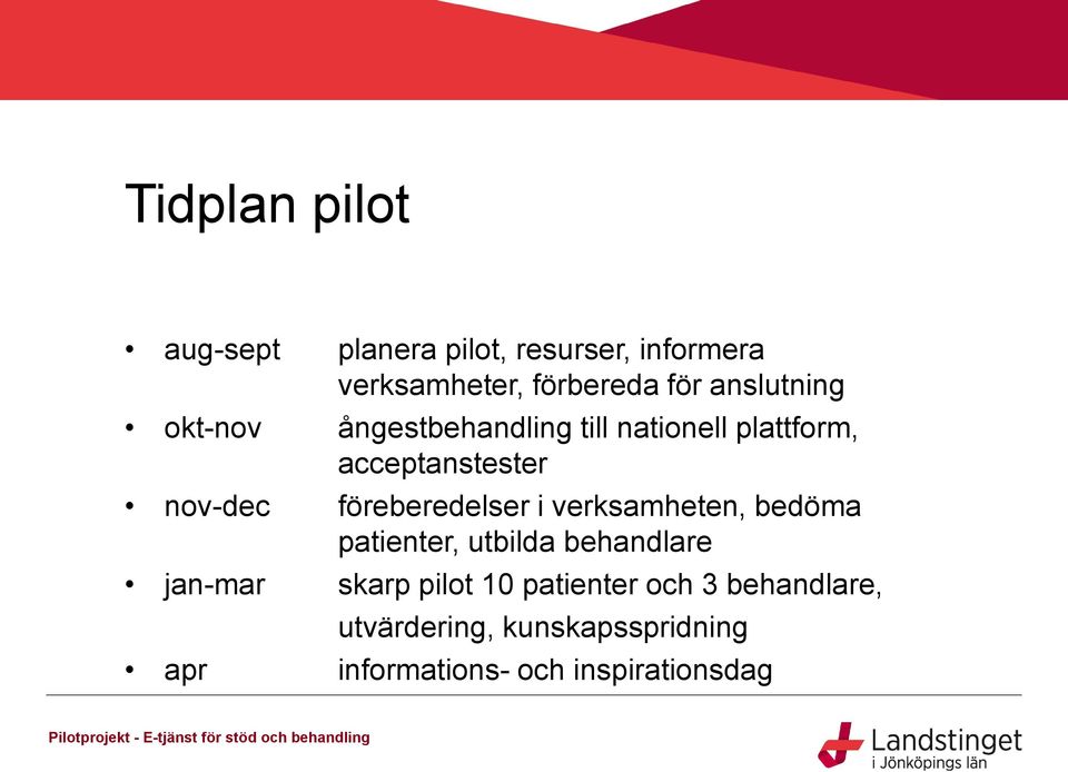 verksamheten, bedöma patienter, utbilda behandlare jan-mar skarp pilot 10 patienter och 3 behandlare,