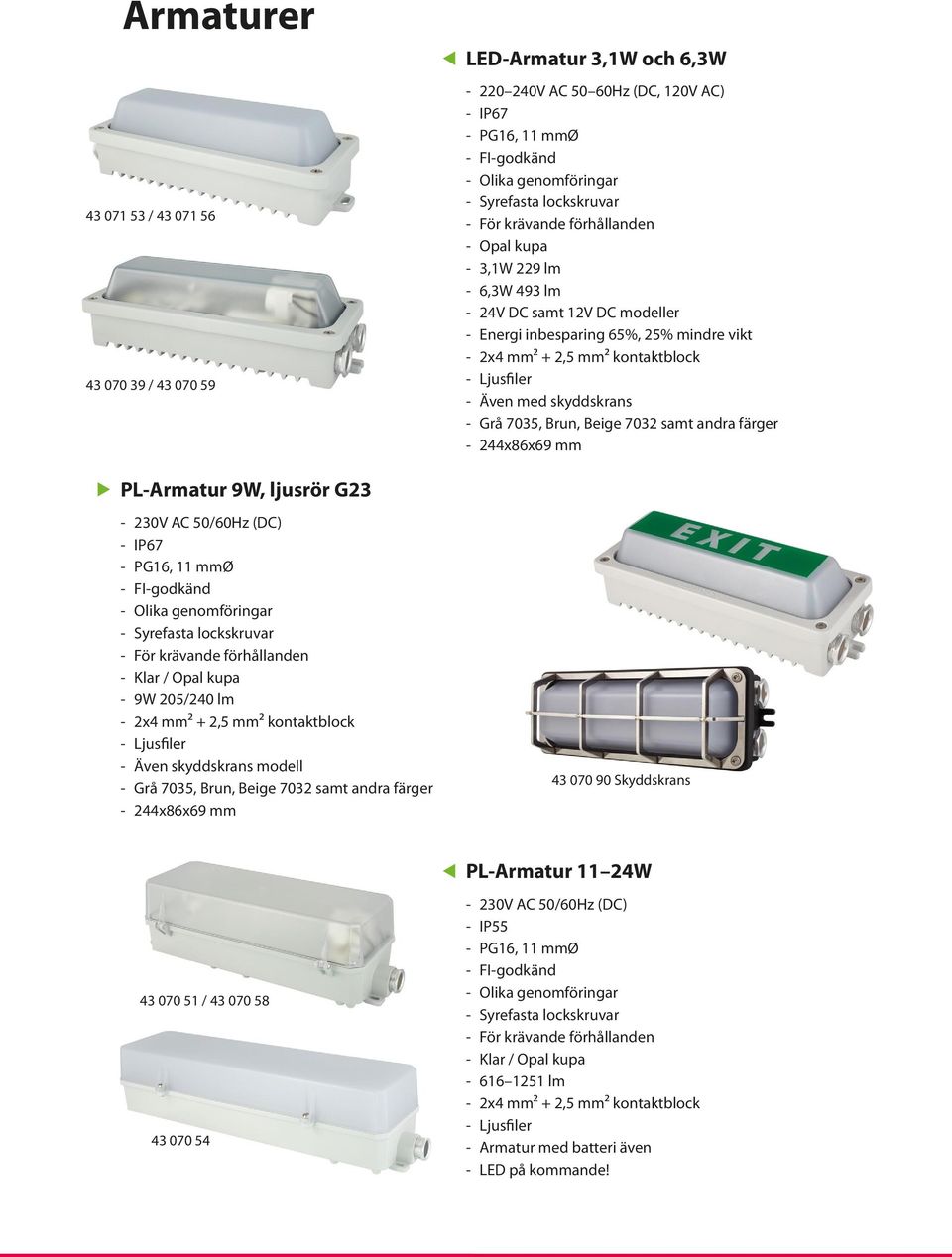 G23 230V AC 50/60Hz (DC) IP67 FI-godkänd Syrefasta lockskruvar Klar / Opal kupa 9W 205/240 lm 2x4 mm² + 2,5 mm² kontaktblock Ljusfiler Även skyddskrans modell Grå 7035, Brun, Beige 7032 samt andra