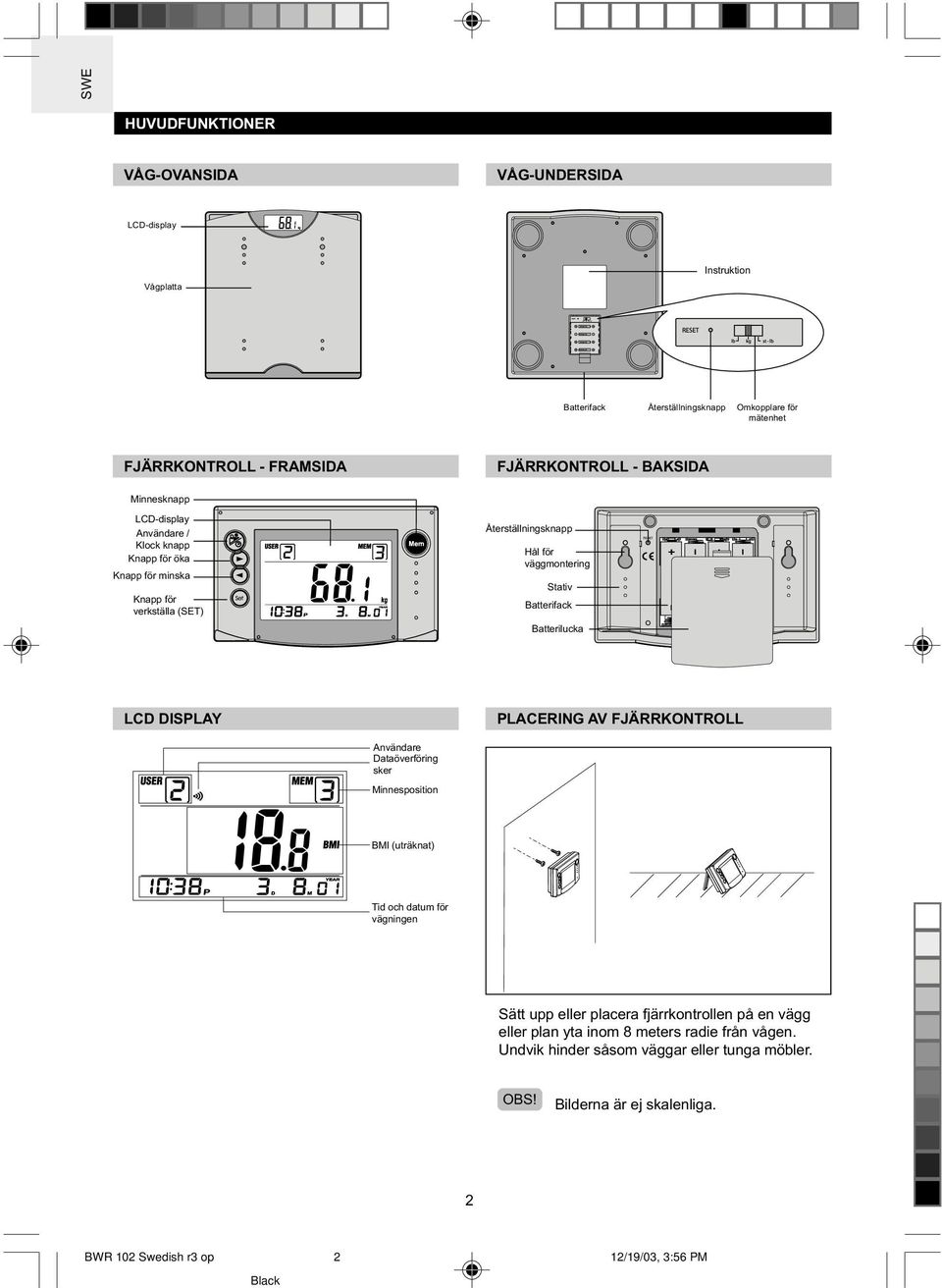 väggmontering Stativ Batterifack Batterilucka LCD DISPLAY PLACERING AV FJÄRRKONTROLL Användare Dataöverföring sker Minnesposition BMI (uträknat) Tid och datum