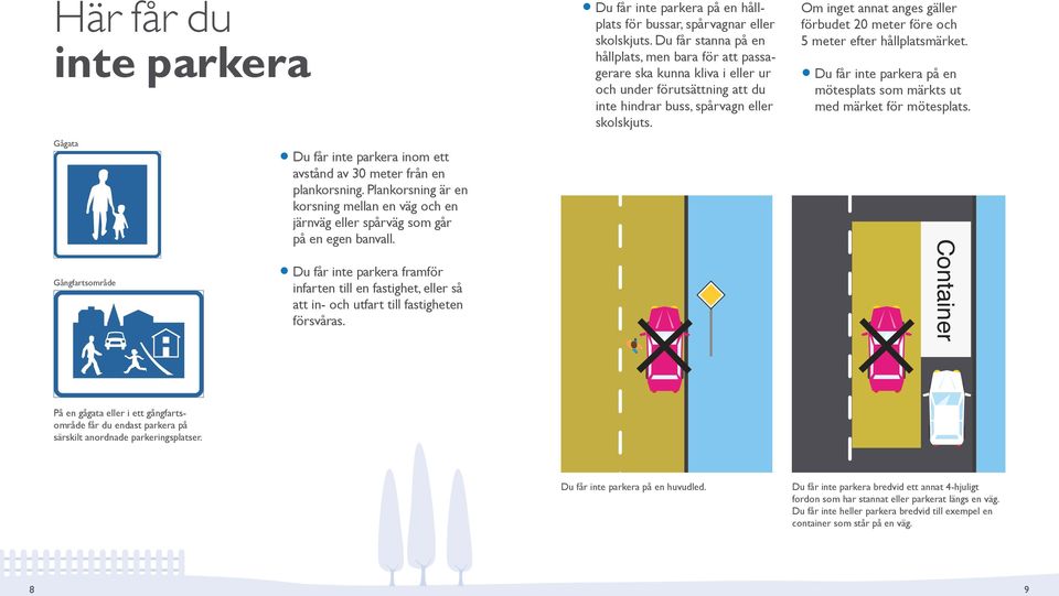 Du får inte parkera på en mötesplats som märkts ut med märket för mötesplats. Du får inte parkera inom ett avstånd av 30 meter från en Container plankorsning.