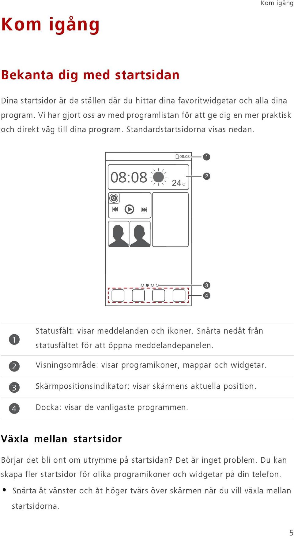 Snärta nedåt från statusfältet för att öppna meddelandepanelen. Visningsområde: visar programikoner, mappar och widgetar. Skärmpositionsindikator: visar skärmens aktuella position.