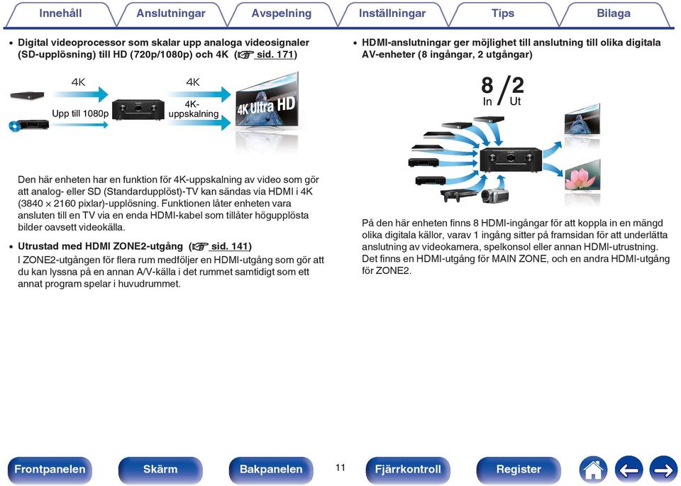 Den här enheten har en funktion för 4K-uppskalning av video som gör att analog- eller SD (Standardupplöst)-TV kan sändas via HDMI i 4K (3840 2160 pixlar)-upplösning.