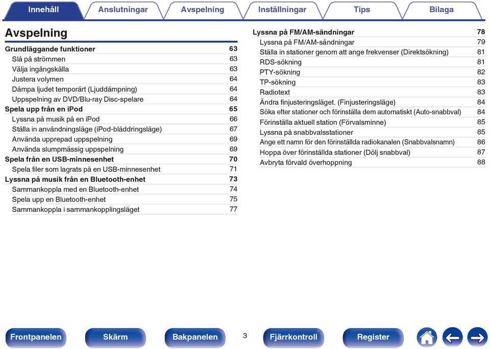 filer som lagrats på en USB-minnesenhet 71 Lyssna på musik från en Bluetooth-enhet 73 Sammankoppla med en Bluetooth-enhet 74 Spela upp en Bluetooth-enhet 75 Sammankoppla i sammankopplingsläget 77