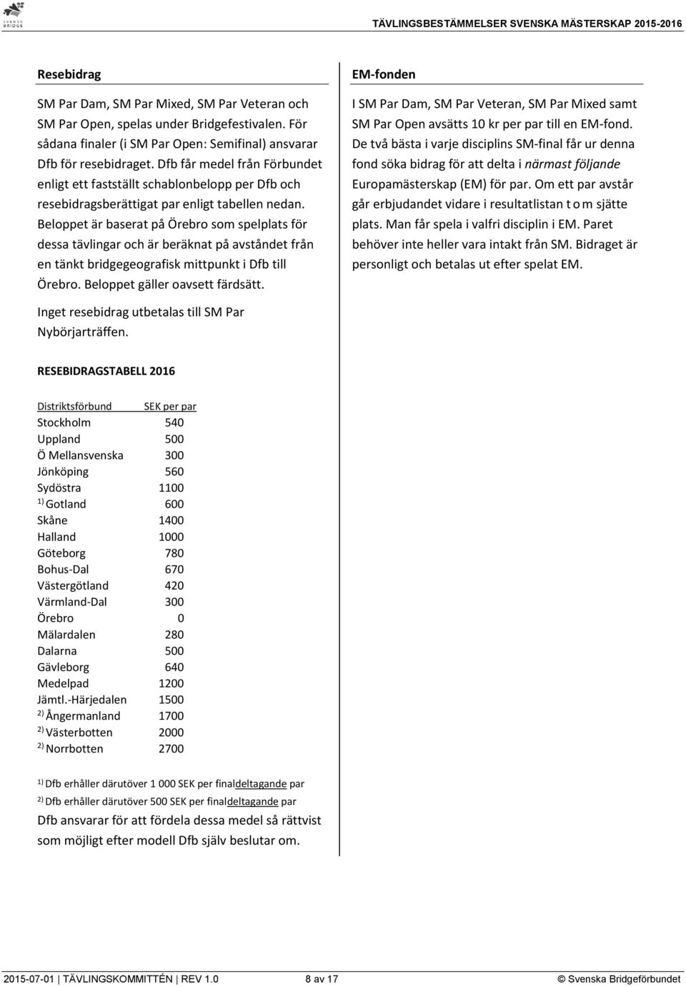 Beloppet är baserat på Örebro som spelplats för dessa tävlingar och är beräknat på avståndet från en tänkt bridgegeografisk mittpunkt i Dfb till Örebro. Beloppet gäller oavsett färdsätt.