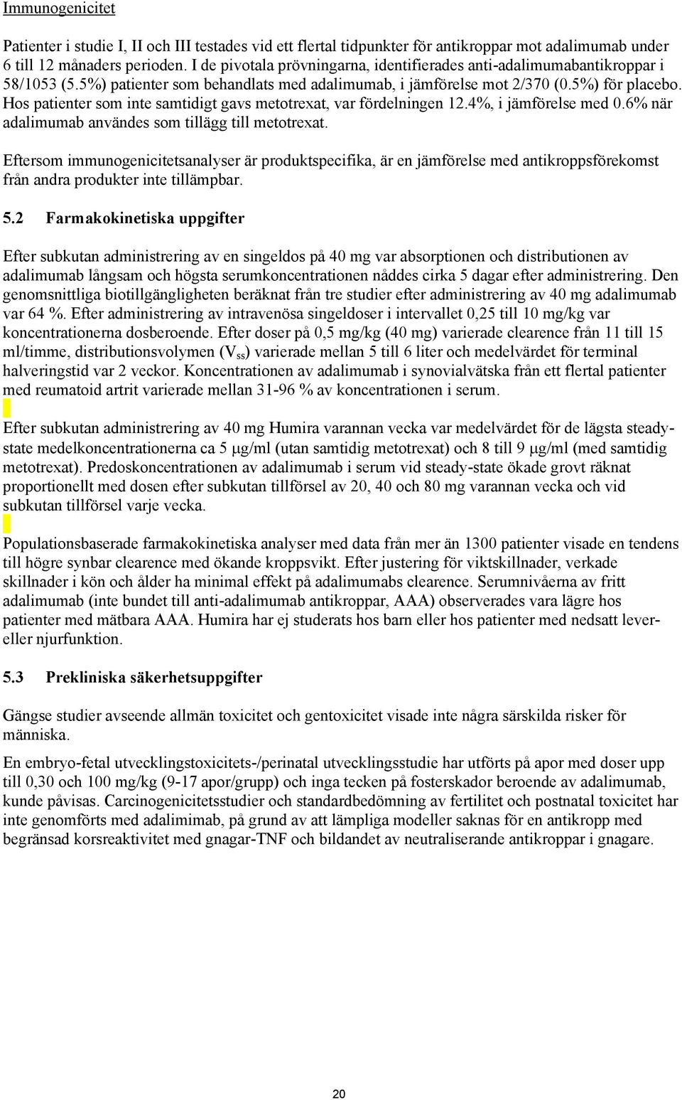 Hos patienter som inte samtidigt gavs metotrexat, var fördelningen 12.4%, i jämförelse med 0.6% när adalimumab användes som tillägg till metotrexat.