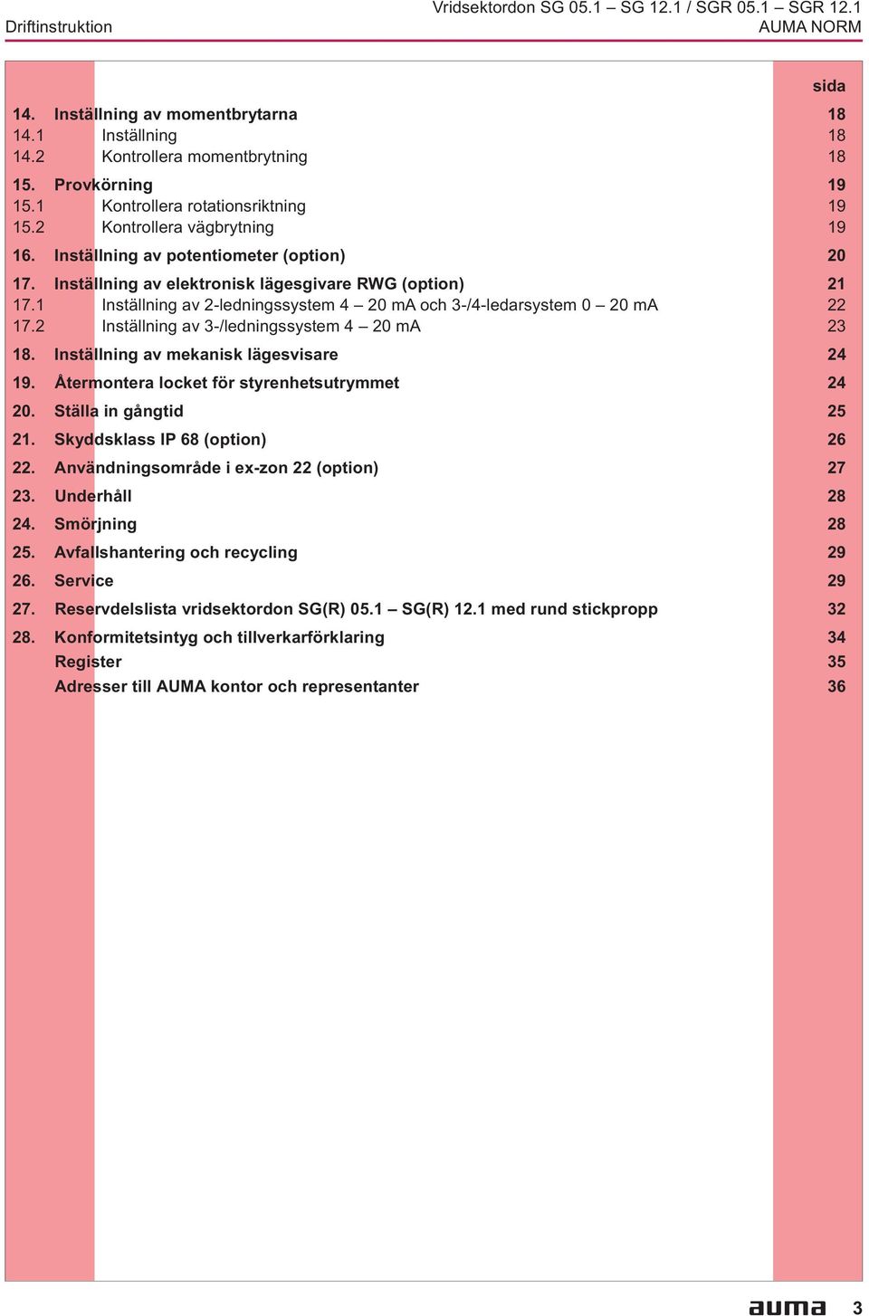 och 3-/4-ledarsystem 0 20 ma 22 172 Inställning av 3-/ledningssystem 4 20 ma 23 18 Inställning av mekanisk lägesvisare 24 19 Återmontera locket för styrenhetsutrymmet 24 20 Ställa in gångtid 25 21