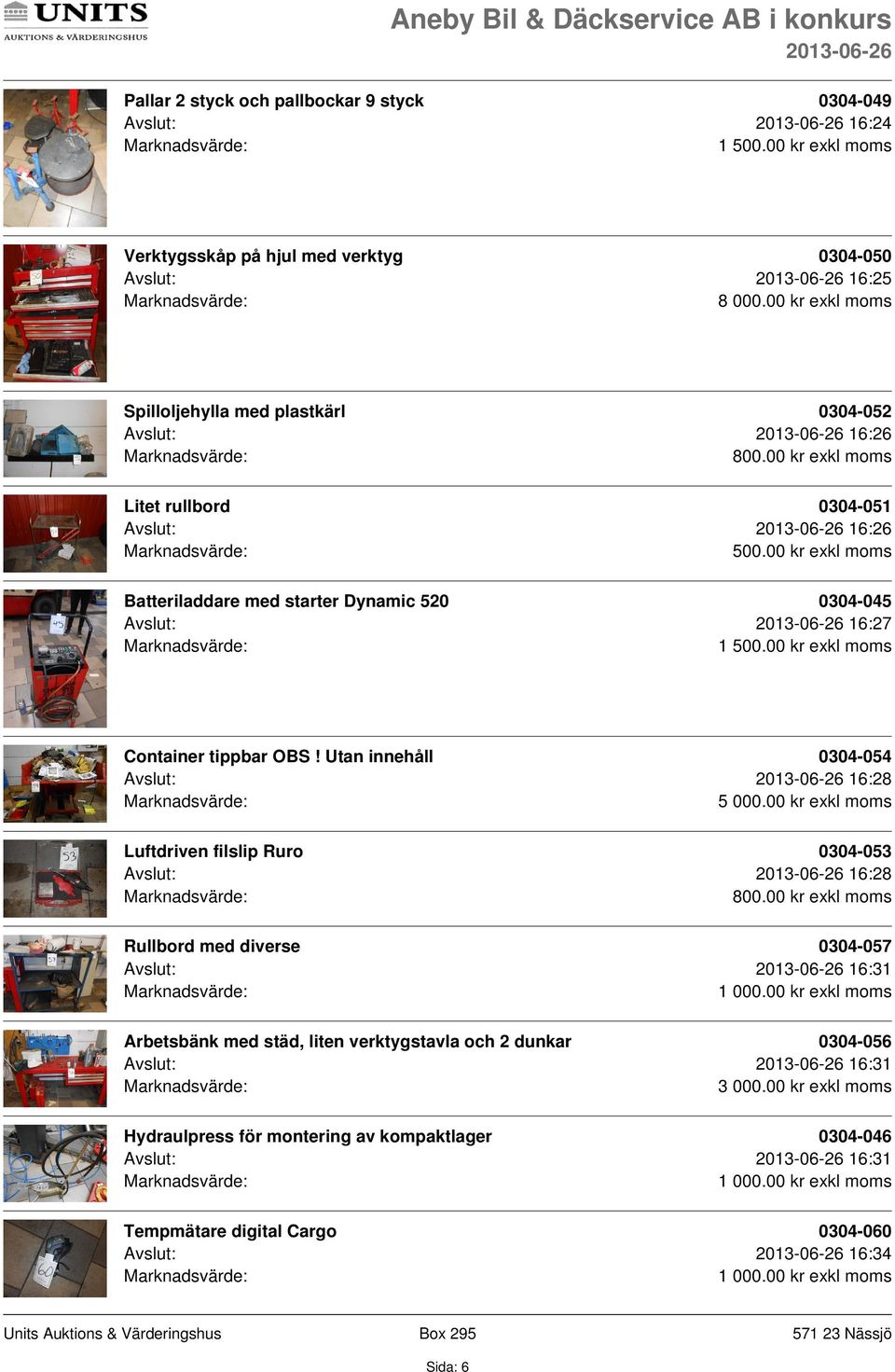 00 kr exkl moms Batteriladdare med starter Dynamic 520 0304-045 Avslut: 16:27 Container tippbar OBS! Utan innehåll 0304-054 Avslut: 16:28 5 000.