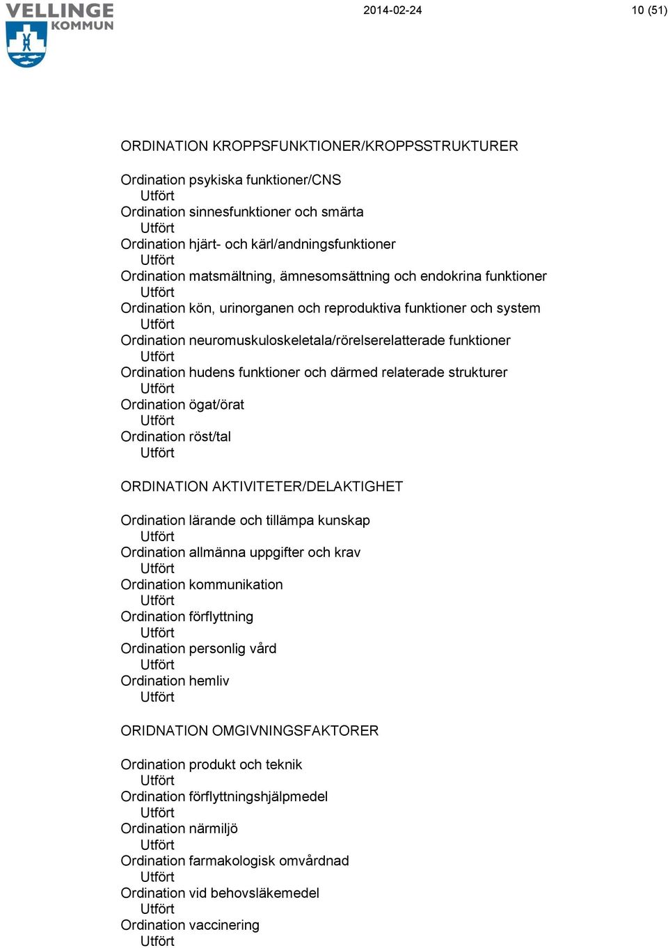 neuromuskuloskeletala/rörelserelatterade funktioner Utfört Ordination hudens funktioner och därmed relaterade strukturer Utfört Ordination ögat/örat Utfört Ordination röst/tal Utfört ORDINATION