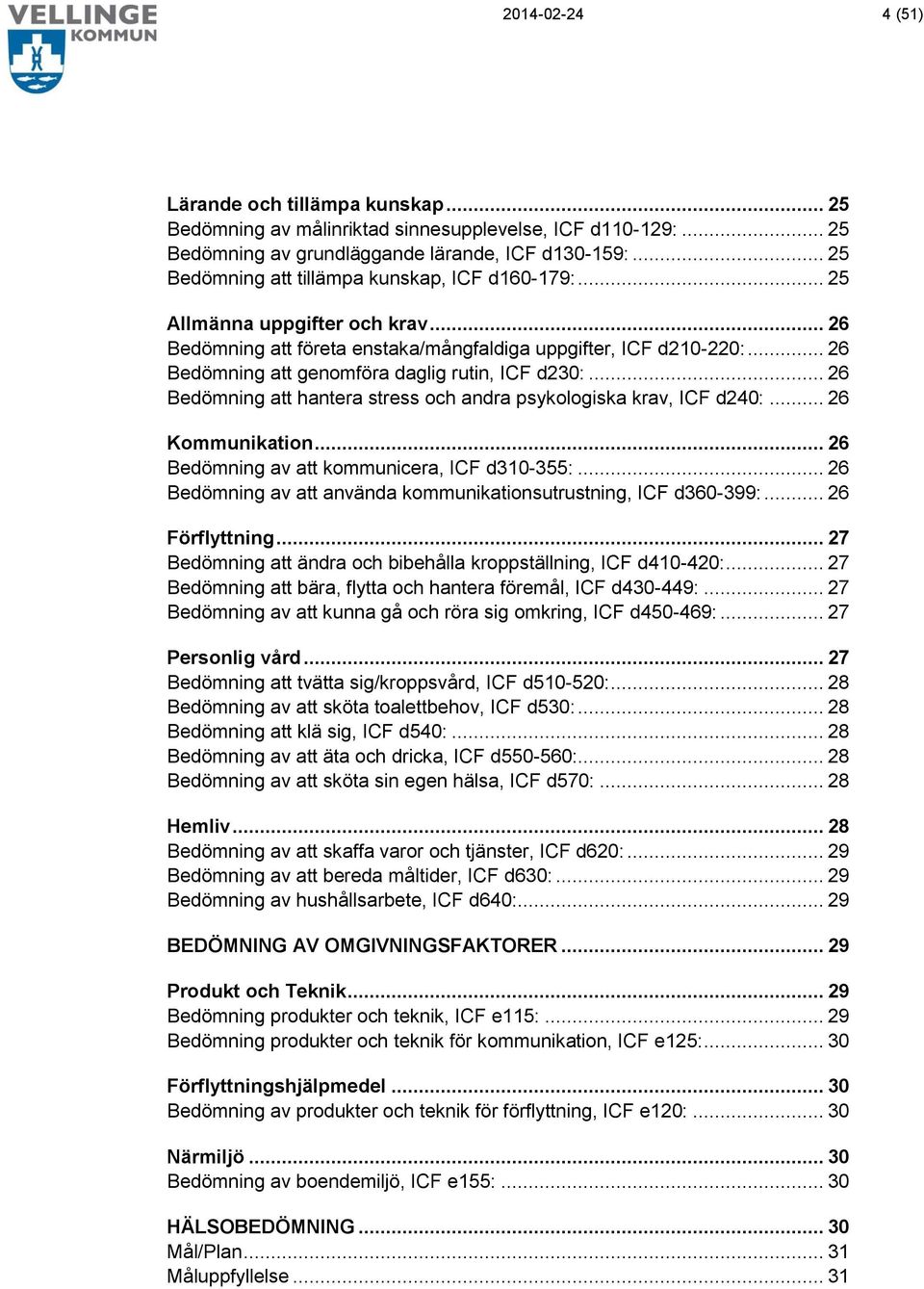 .. 26 Bedömning att genomföra daglig rutin, ICF d230:... 26 Bedömning att hantera stress och andra psykologiska krav, ICF d240:... 26 Kommunikation... 26 Bedömning av att kommunicera, ICF d310-355:.