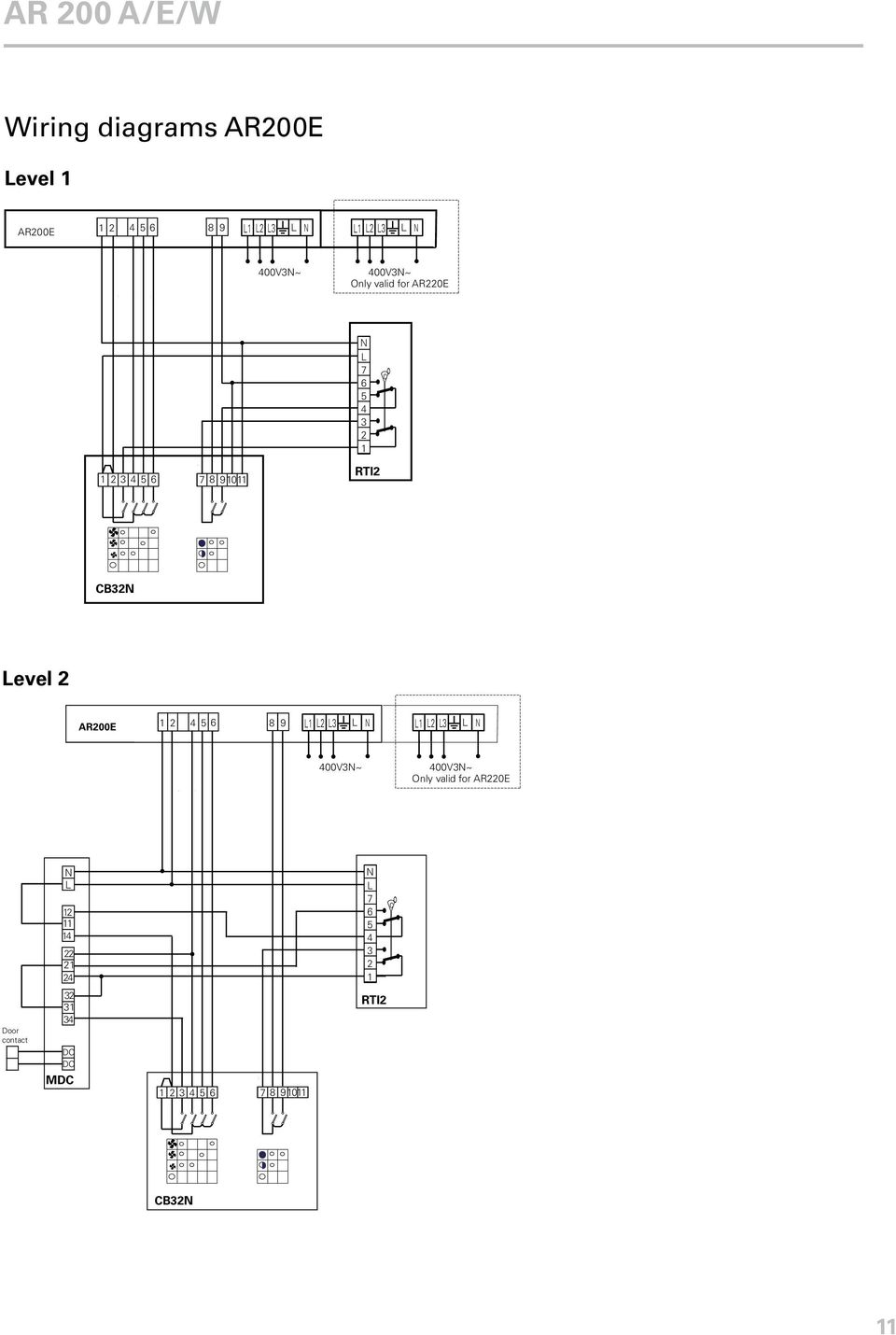 2 AR200E 1 2 4 5 6 8 9 L1 L2 L3 L N L1 L2 L3 L N 400V3N~ 400V3N~ Only valid for AR220E N L 12 11