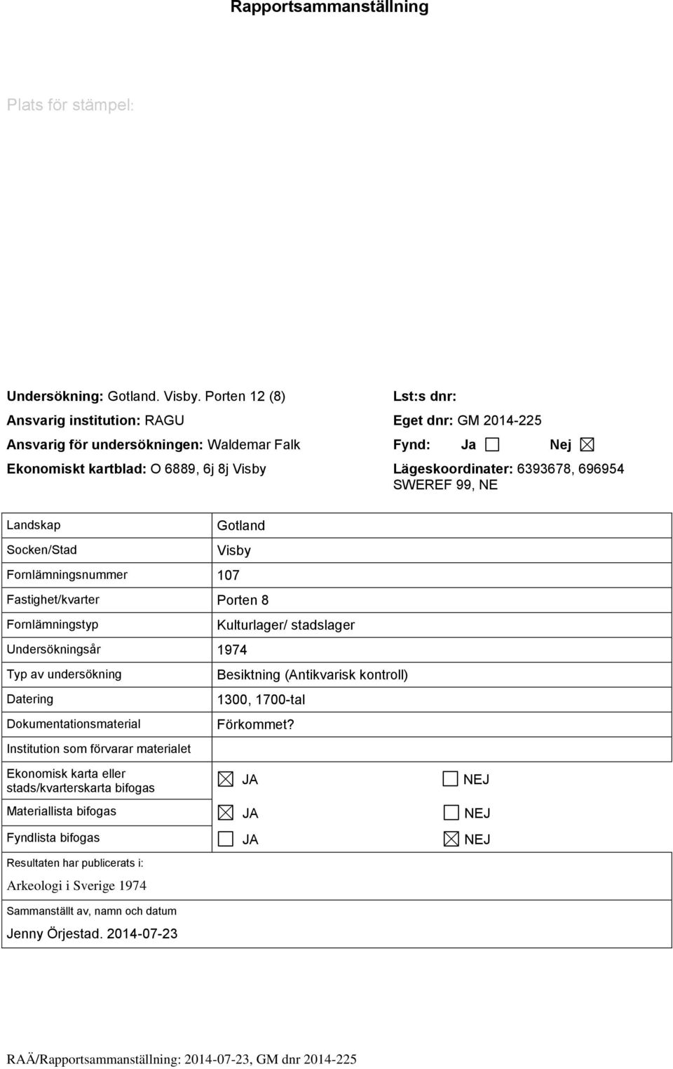 6393678, 696954 SWEREF 99, NE Landskap Gotland Socken/Stad Visby Fornlämningsnummer 107 Fastighet/kvarter Porten 8 Fornlämningstyp Kulturlager/ stadslager Undersökningsår 1974 Typ av undersökning