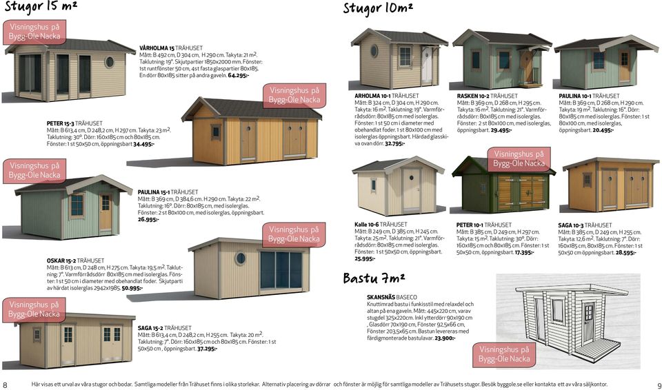 Taklutning: 30º. Dörr: 160x185 cm och 80x185 cm. Fönster: 1 st 50x50 cm, öppningsbart 34.495:- ARHOLMA 10-1 TRÄHUSET Mått: B 324 cm, D 304 cm, H 290 cm. Takyta: 16 m 2. Taklutning: 19.