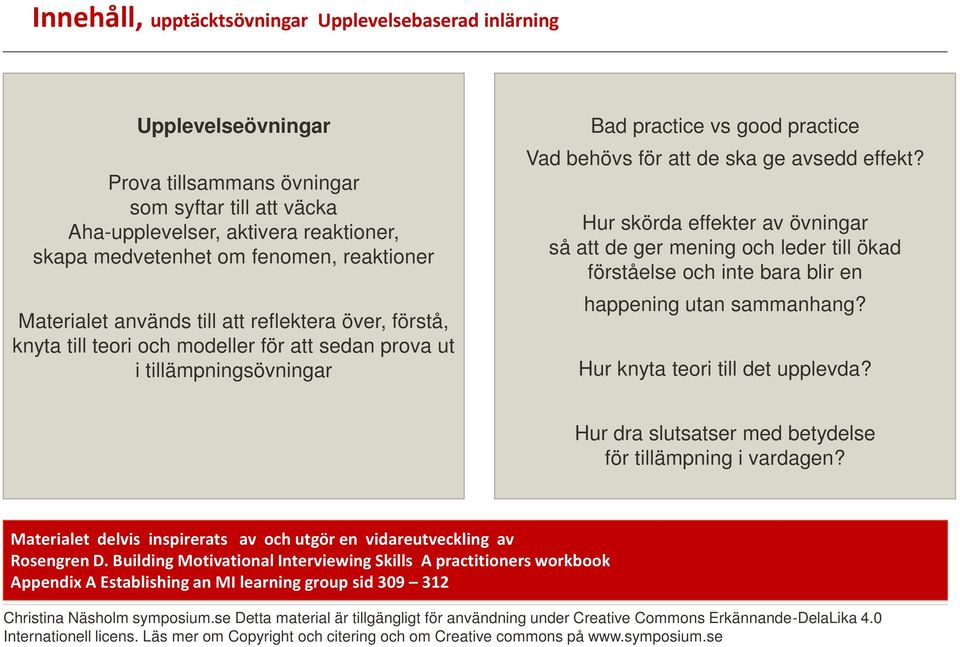 tillämpningsövningar Bad practice vs good practice Vad behövs för att de ska ge avsedd effekt?