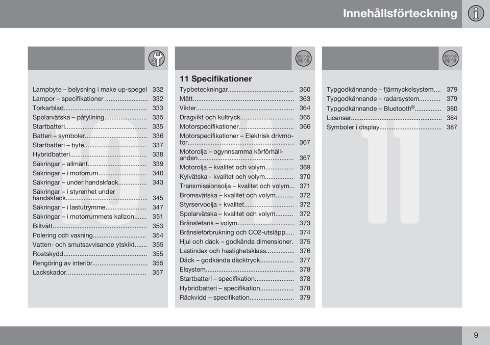 .. 345 Säkringar i lastutrymme... 347 Säkringar i motorrummets kallzon... 351 Biltvätt... 353 Polering och vaxning... 354 11 Specifikationer Typbeteckningar... 360 Mått... 363 Vikter.