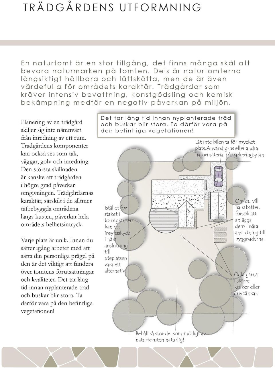 Trädgårdar som kräver intensiv bevattning, konstgödsling och kemisk bekämpning medför en negativ påverkan på miljön. Planering av en trädgård skiljer sig inte nämnvärt från inredning av ett rum.