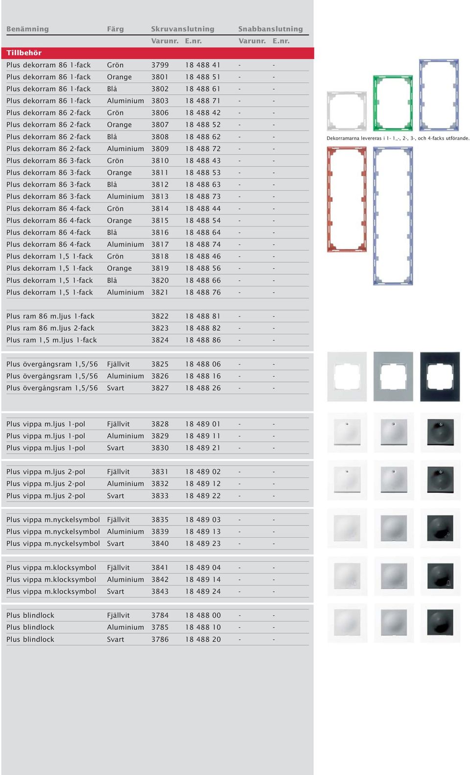 Aluminium 3803 18 488 71 - - Plus dekorram 86 2-fack Grön 3806 18 488 42 - - Plus dekorram 86 2-fack Orange 3807 18 488 52 - - Plus dekorram 86 2-fack Blå 3808 18 488 62 - - Plus dekorram 86 2-fack