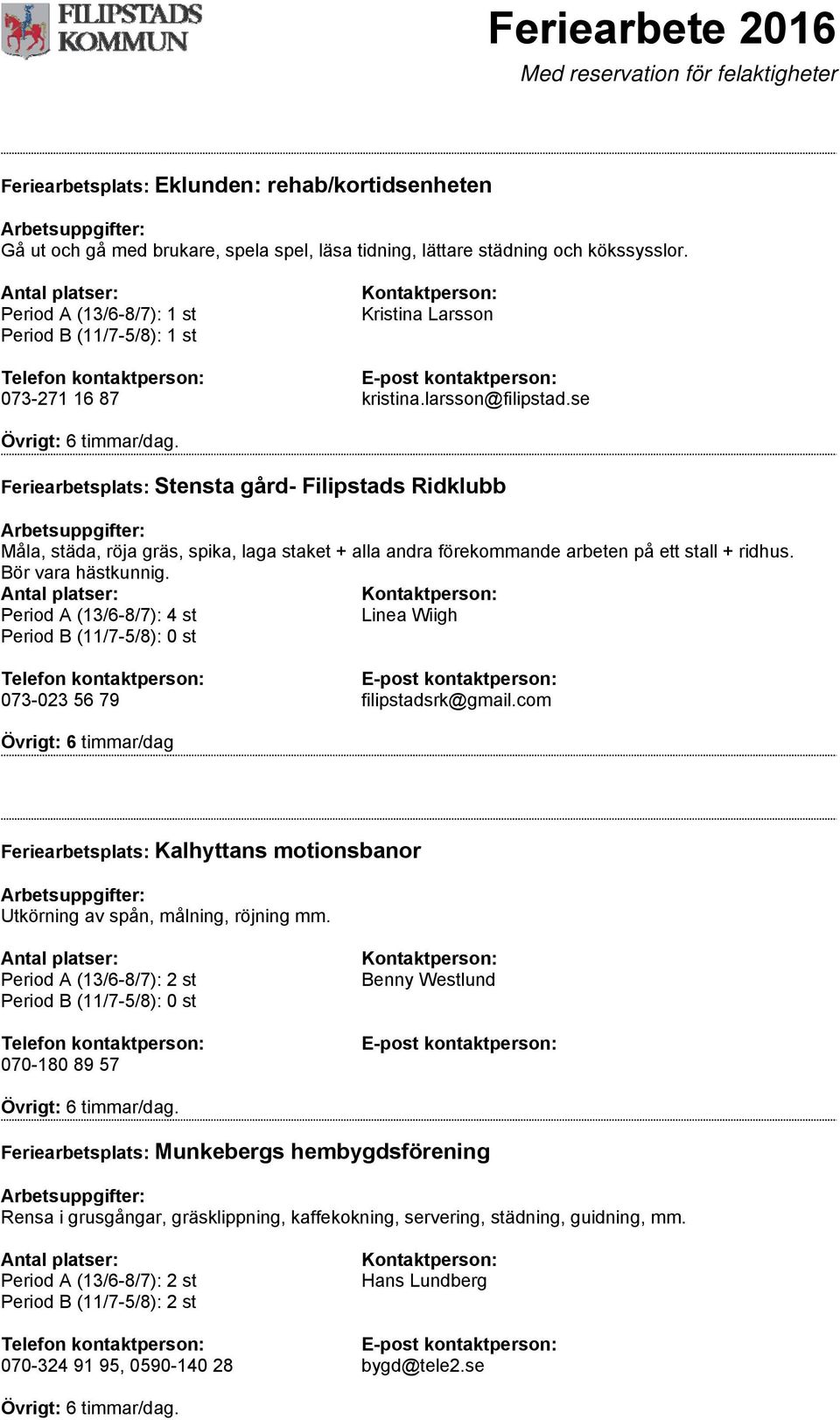 Period A (13/6-8/7): 4 st Linea Wiigh Period B (11/7-5/8): 0 st 073-023 56 79 filipstadsrk@gmail.com Feriearbetsplats: Kalhyttans motionsbanor Utkörning av spån, målning, röjning mm.