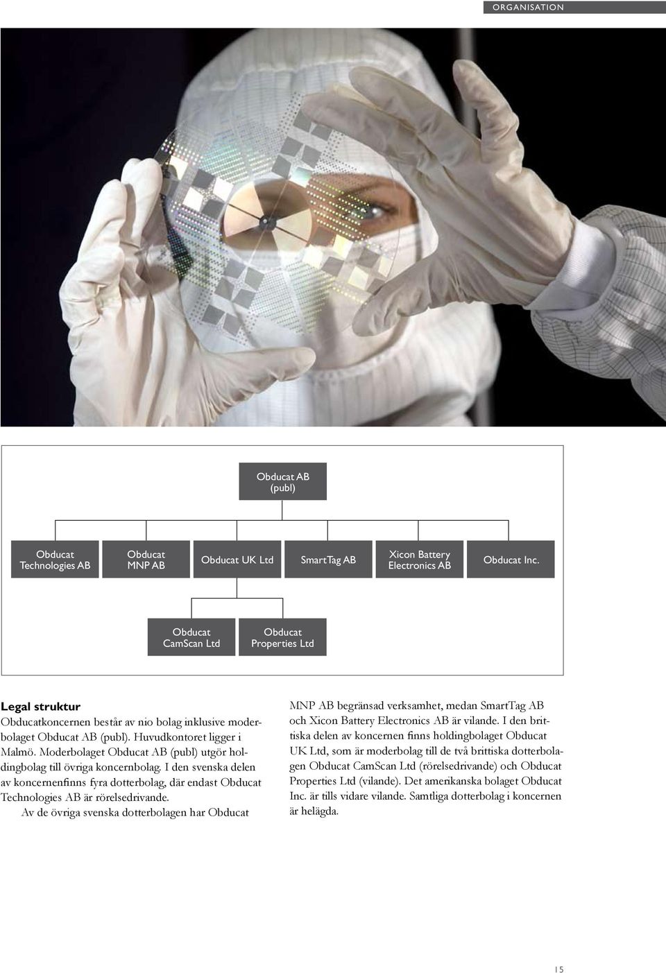 Moderbolaget Obducat AB (publ) utgör holdingbolag till övriga koncernbolag. I den svenska delen av koncernenfinns fyra dotterbolag, där endast Obducat Technologies AB är rörelsedrivande.