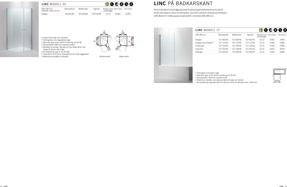 LINC Modell 17 måttanpassas kostnadsfritt i intervallet 200 900 mm. Grepp Cirkel ingår som standard. Tätningslister och magnetlister ingår. lternativ: glas, finish, orrfri montering sid. 92 95.