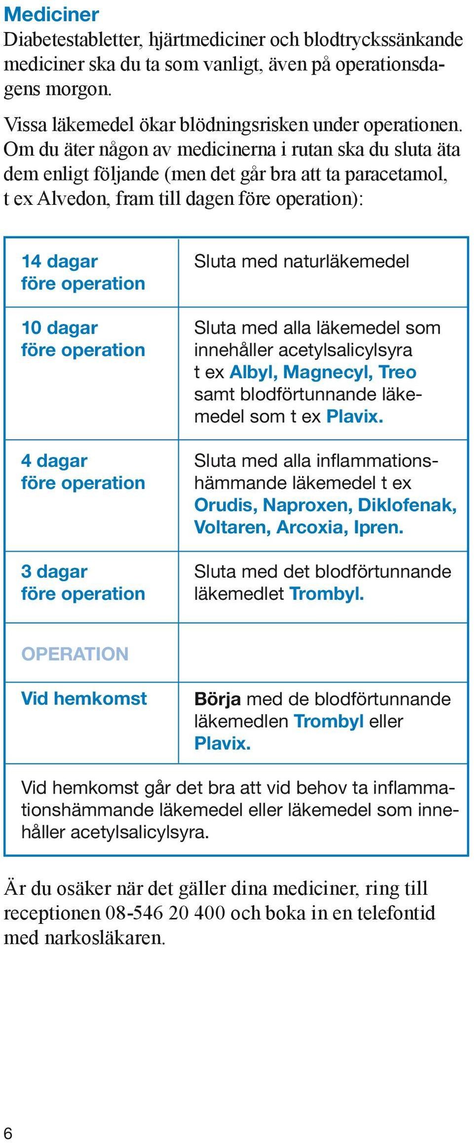 operation 4 dagar före operation 3 dagar före operation Sluta med naturläkemedel Sluta med alla läkemedel som innehåller acetylsalicylsyra t ex Albyl, Magnecyl, Treo samt blodförtunnande läkemedel