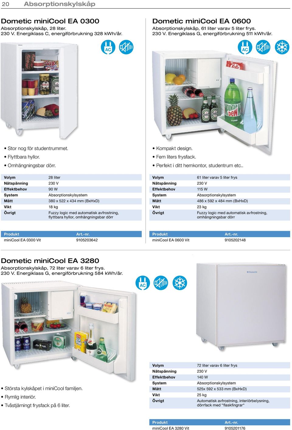 . 28 liter 90 W Absorptionskylsystem 380 x 522 x 434 mm (BxHxD) 18 kg Fuzzy logic med automatisk avfrostning, flyttbara hyllor, omhängningsbar dörr 61 liter varav 5 liter frys 115 W