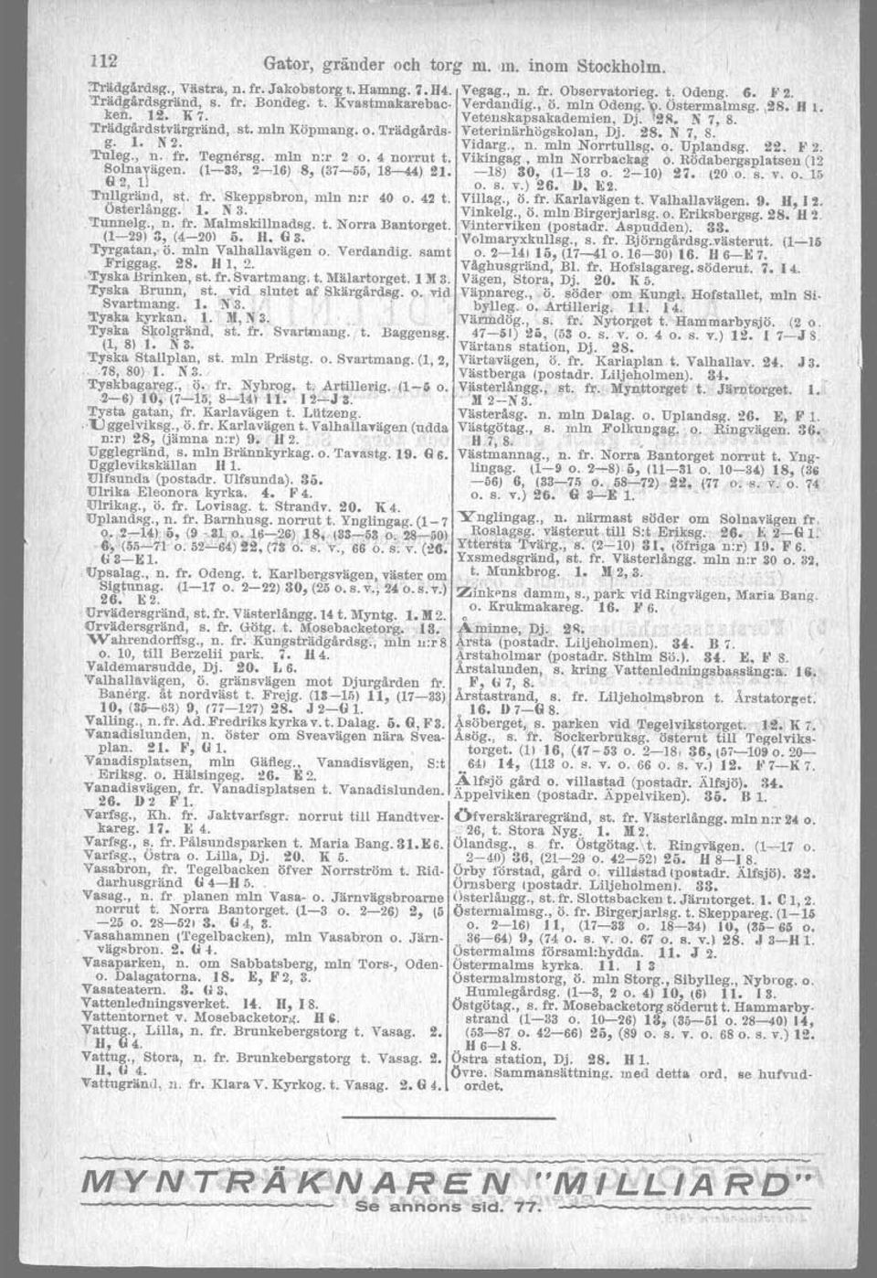 Vidarg., n. min Norrtullsg. o. Uplandsg. 22. 2. "Tuleg., n. fr. Tegn'rsg. min n:r 2 o. 4 norrut t. Vikingag, min Norrbackag' o. Rödabergsplatsen (12 SoInavllgen. (1-33, 2~16) 8, (37-ö5, 18-44) 21.