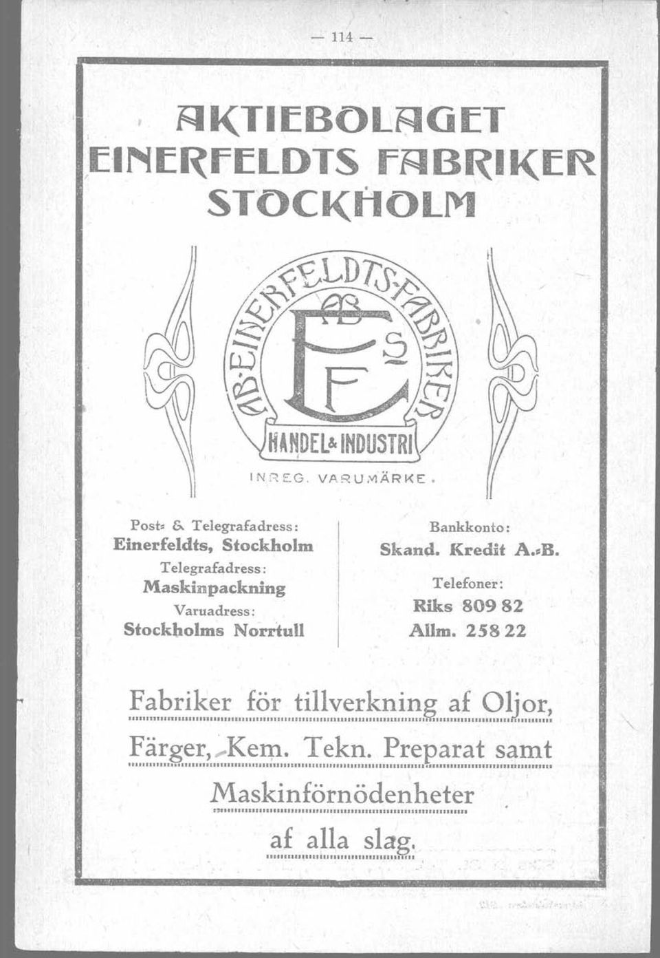 Telefoner: Riks 80982 Allm.25822 Fabriker för tillverkning af ljor,.11111 1' 1111 111111.11111111111,.1111 11 111.