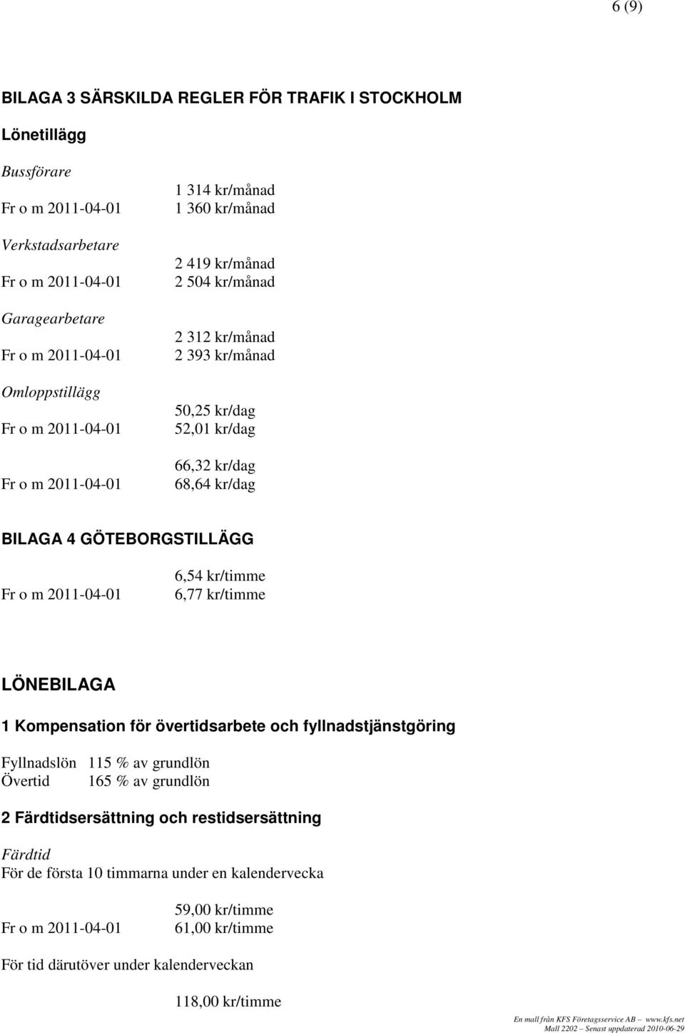 kr/timme LÖNEBILAGA 1 Kompensation för övertidsarbete och fyllnadstjänstgöring Fyllnadslön 115 % av grundlön Övertid 165 % av grundlön 2 Färdtidsersättning