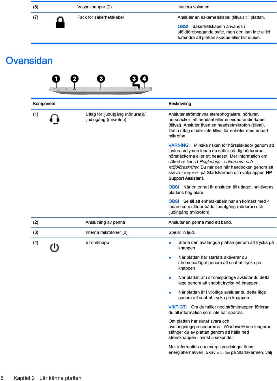 Ovansidan Komponent (1) Uttag för ljudutgång (hörlurar))/ ljudingång (mikrofon) Beskrivning Ansluter strömdrivna stereohögtalare, hörlurar, hörsnäckor, ett headset eller en video-audio-kabel