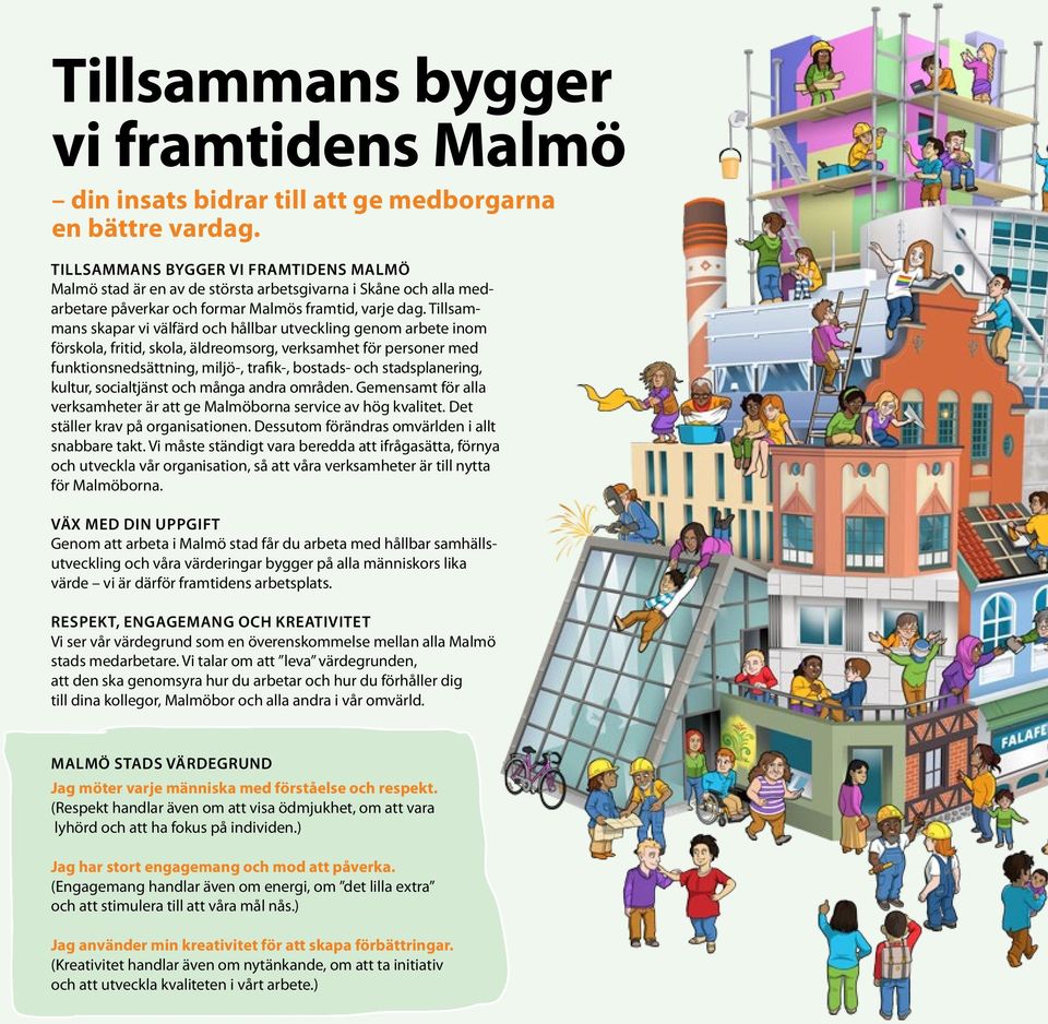 Tillsammans skapar vi välfärd och hållbar utveckling genom arbete inom förskola, fritid, skola, äldreomsorg, verksamhet för personer med funktionsnedsättning, miljö-, trafik-, bostads- och