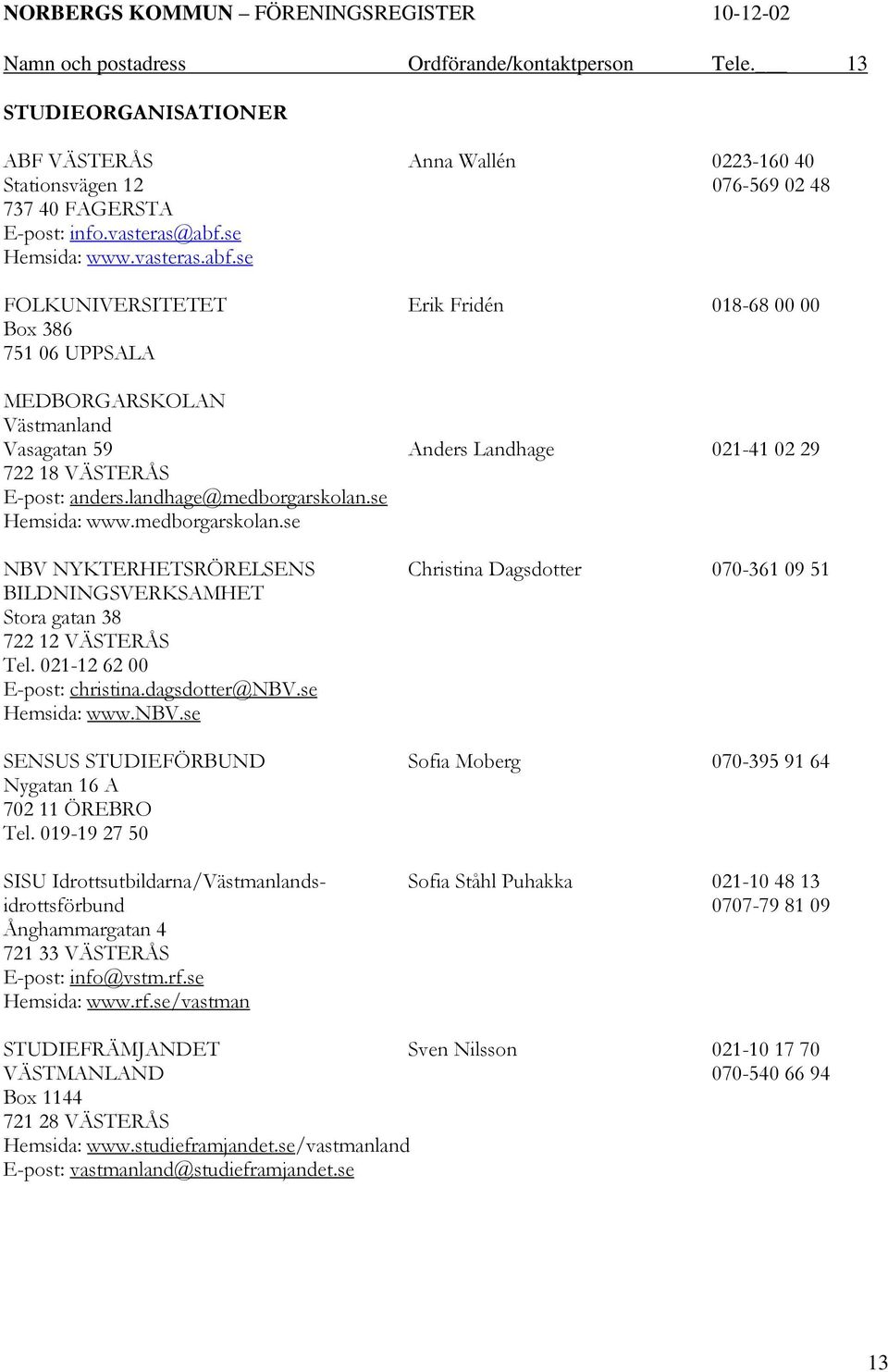 landhage@medborgarskolan.se Hemsida: www.medborgarskolan.se NBV NYKTERHETSRÖRELSENS Christina Dagsdotter 070-361 09 51 BILDNINGSVERKSAMHET Stora gatan 38 722 12 VÄSTERÅS Tel.