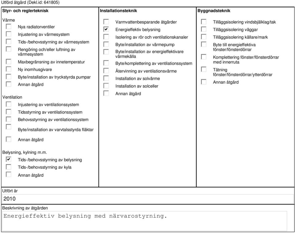 innetemperatur Ny inomhusgivare Byte/installation av tryckstyrda pumpar Injustering av ventilationssystem Tidsstyrning av ventilationssystem Behovsstyrning av ventilationssystem Byte/installation av