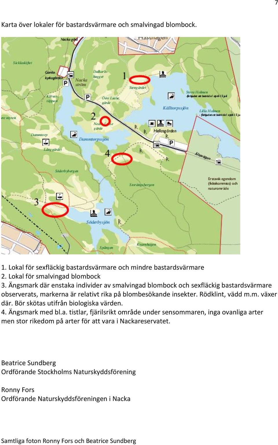 Bör skötas utifrån biologiska värden. 4. Ängsmark med bl.a. tistlar, fjärilsrikt område under sensommaren, inga ovanliga arter men stor rikedom på arter för att vara i Nackareservatet.