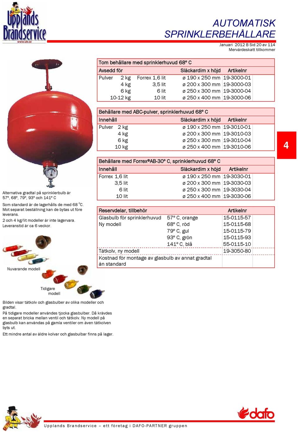 Nuvarande modell Tidigare modell AUTOMATISK SPRINKLERBEHÅLLARE Januari 2012 B Sid 20 av 114 Tom behållare med sprinklerhuvud 68º C Avsedd för Släckardim x höjd Artikelnr Pulver 2 kg Forrex 1,6 lit ø