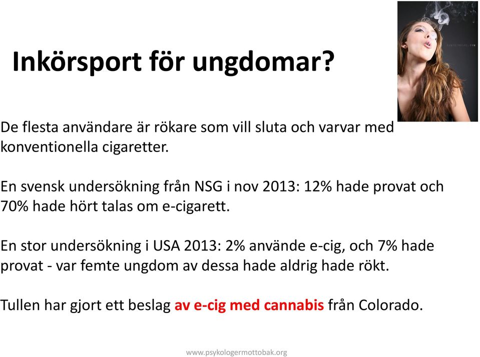 En svensk undersökning från NSG i nov 2013: 12% hade provat och 70% hade hört talas om e-cigarett.