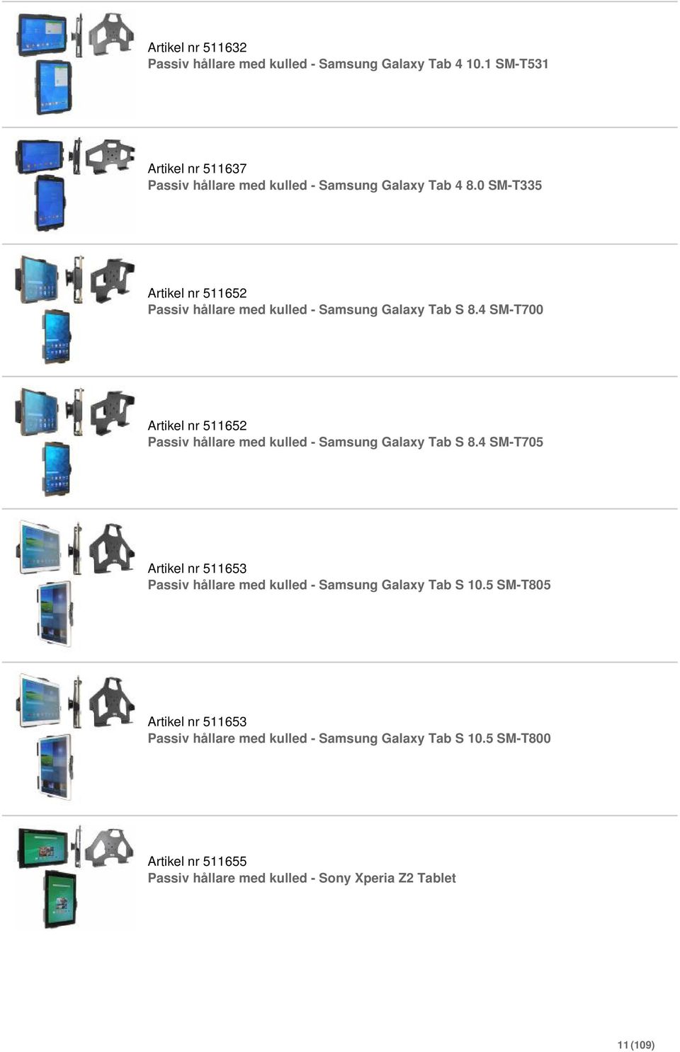 0 SM-T335 Artikel nr 511652 Passiv hållare med kulled - Samsung Galaxy Tab S 8.