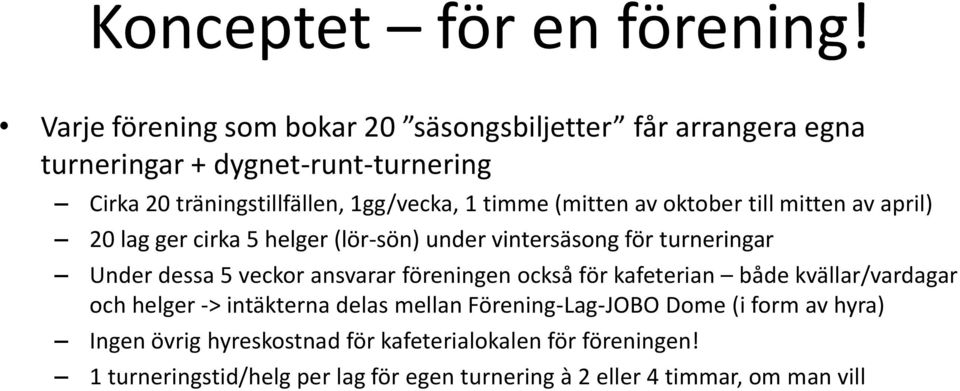 (mitten av oktober till mitten av april) 20 lag ger cirka 5 helger (lör-sön) under vintersäsong för turneringar Under dessa 5 veckor ansvarar