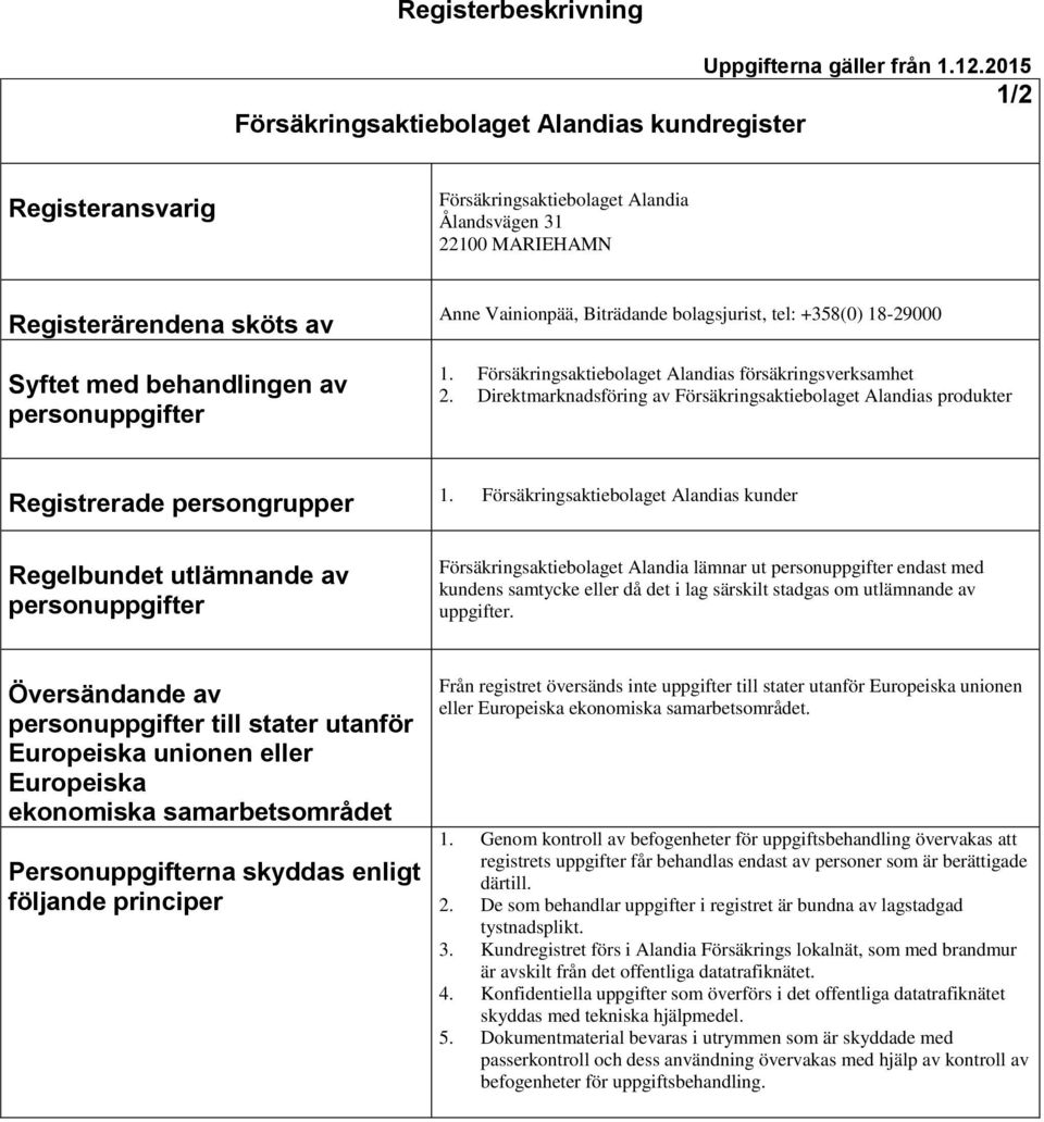 Direktmarknadsföring av Försäkringsaktiebolaget Alandias produkter Registrerade persongrupper Regelbundet utlämnande av 1.