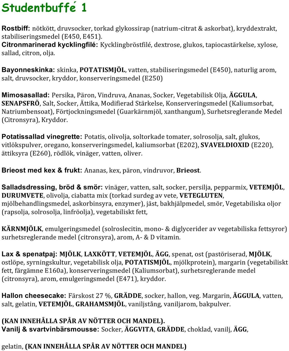 Bayonneskinka: skinka, POTATISMJÖL, vatten, stabiliseringsmedel (E450), naturlig arom, salt, druvsocker, kryddor, konserveringsmedel (E250) Mimosasallad: Persika, Pa ron, Vindruva, Ananas, Socker,