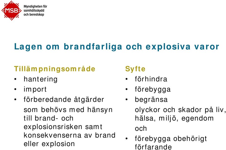 samt konsekvenserna av brand eller explosion Syfte förhindra förebygga begränsa
