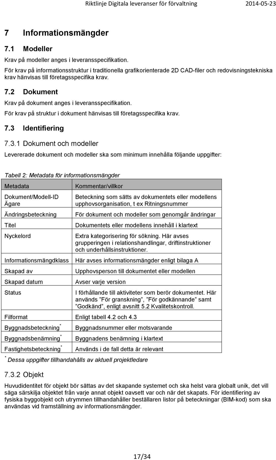 2 Dokument Krav på dokument anges i leveransspecifikation. För krav på struktur i dokument hänvisas till företagsspecifika krav. 7.3 