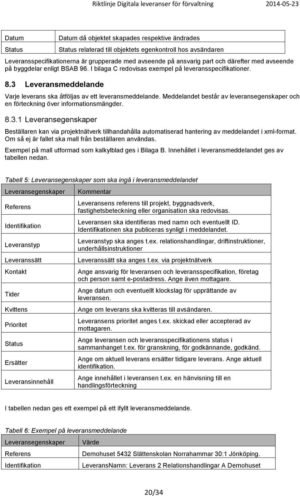 Meddelandet består av leveransegenskaper och en förteckning över informationsmängder. 8.3.