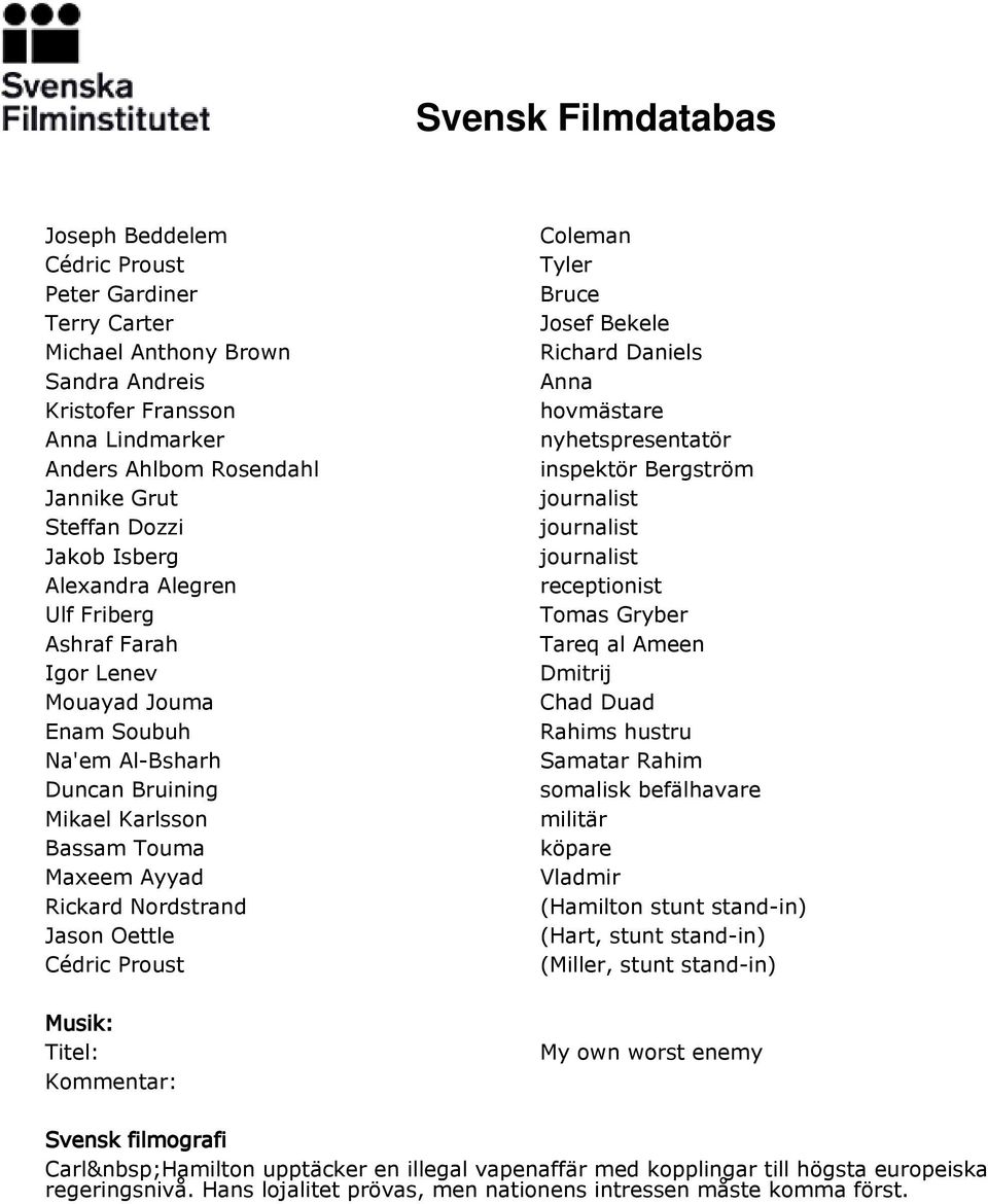 Musik: Titel: Kommentar: Coleman Tyler Bruce Josef Bekele Richard Daniels Anna hovmästare nyhetspresentatör inspektör Bergström journalist journalist journalist receptionist Tomas Gryber Tareq al