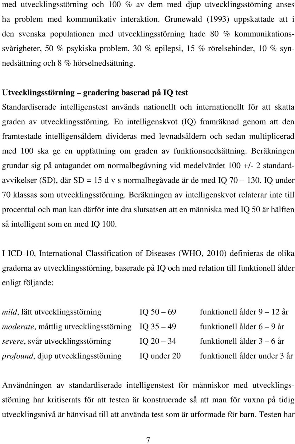 och 8 % hörselnedsättning. Utvecklingsstörning gradering baserad på IQ test Standardiserade intelligenstest används nationellt och internationellt för att skatta graden av utvecklingsstörning.