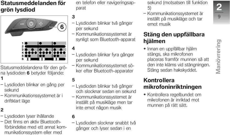 Kommunikationssystemet är synligt som Bluetooth-apparat Lysdioden blinkar fyra gånger per sekund Kommunikationssystemet söker efter Bluetooth-apparater Lysdioden blinkar två gånger och slocknar sedan